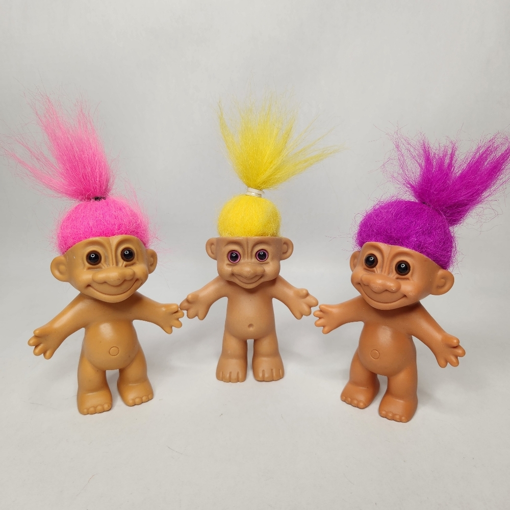 Vintage Troll Dolls Set with Pink, Yellow, and Purple Hair